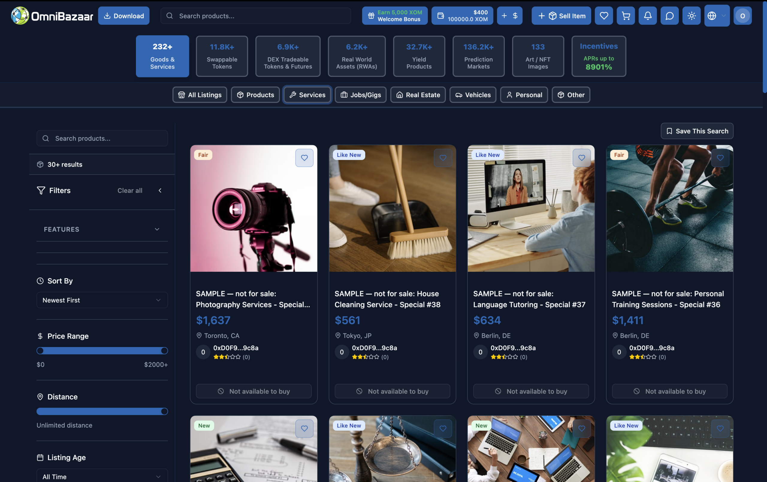 A screenshot of the OmniBazaar marketplace, showcasing what products users can buy and sell in app.