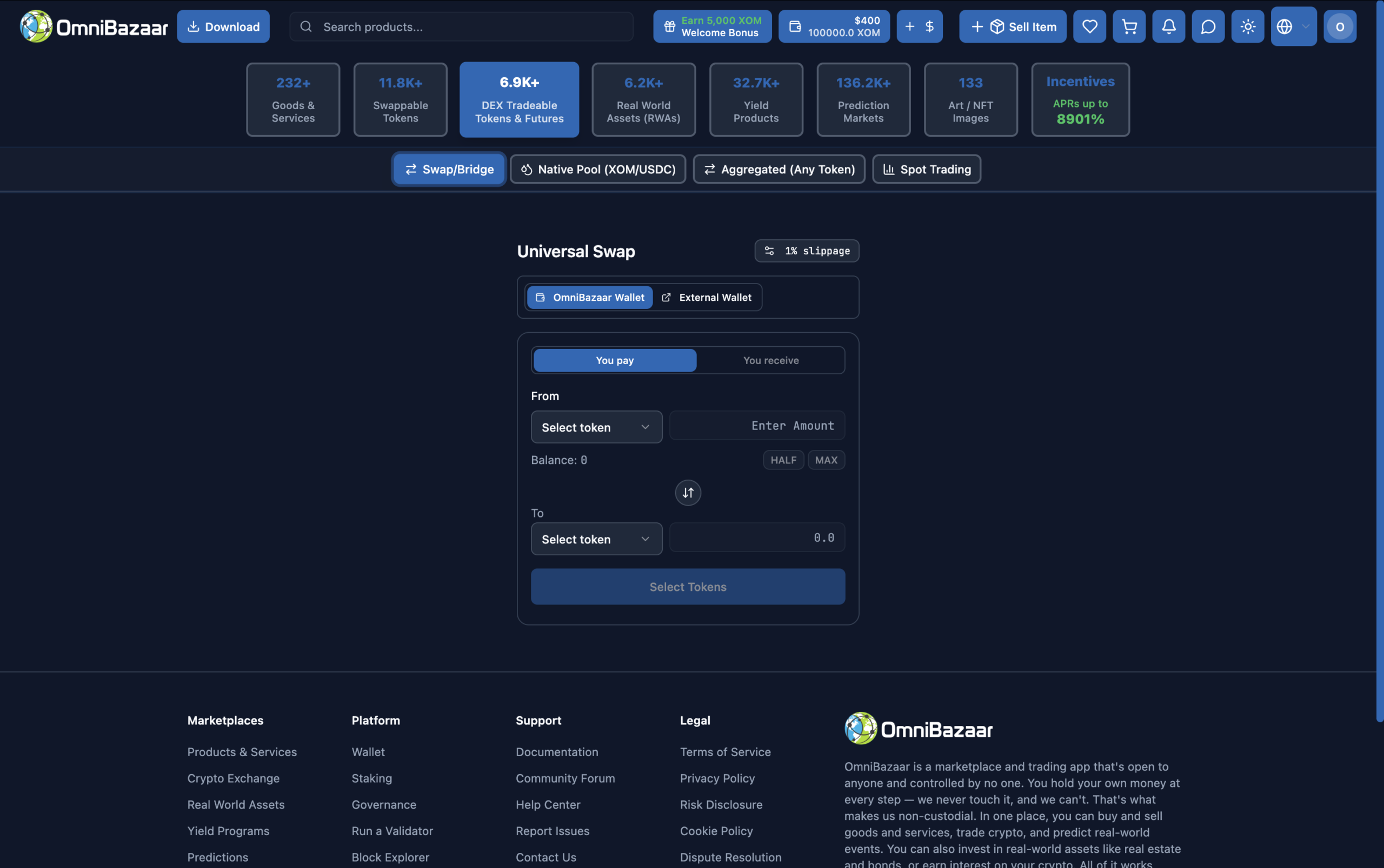 Screenshot of the OmniBazaar platform's Decentralized Exchange, showcasing how users can swap different crypto currencies.