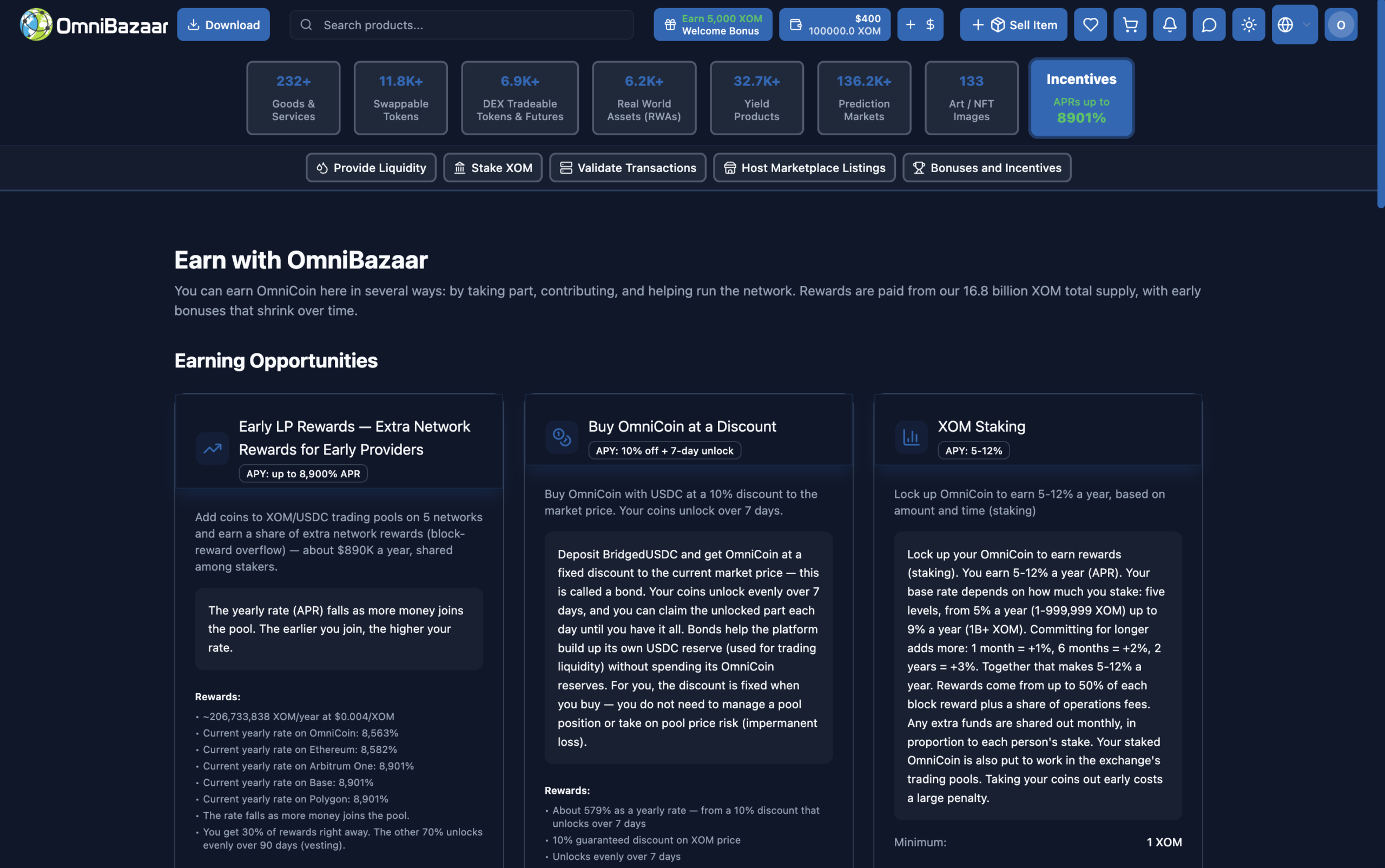 Screenshot of the OmniBazaar "Incentives" page, showcasing different ways in which users can earn money on the platform.